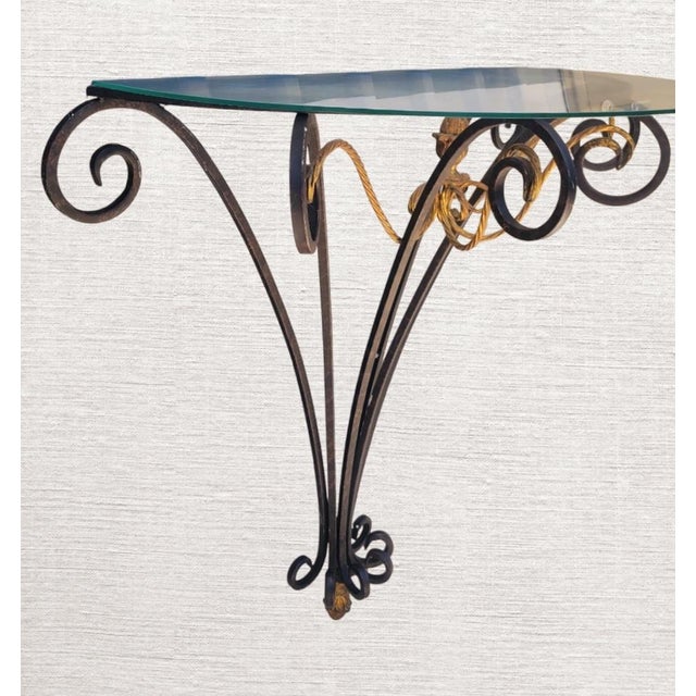 Metal Vintage Hollywood Regency Demilune Black Gold Gilt Twisted Rope Iron Half Moon Wall Console Table For Sale - Image 7 of 11