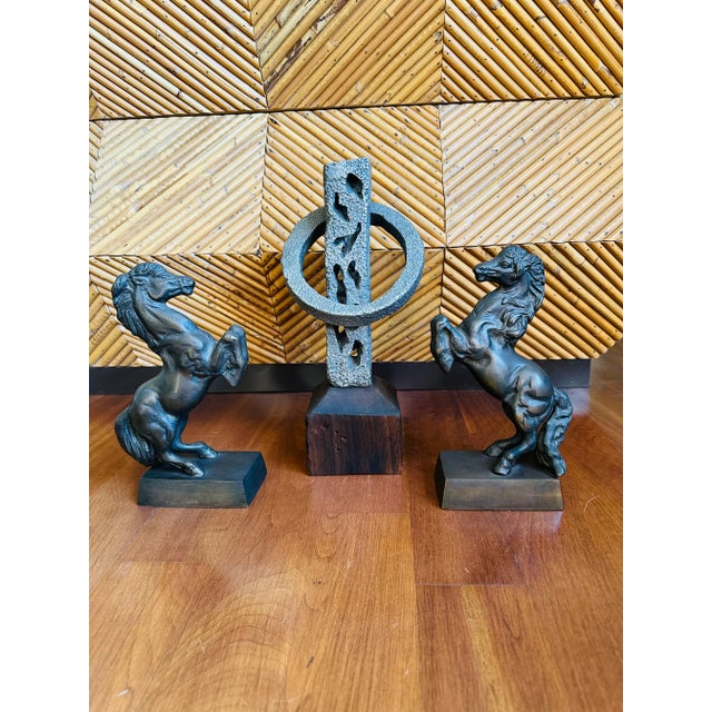 Silver Vintage Signed 13” Hand Hammered Blackwashed Metal Sculpture on Wood Base in a Western Industrial Style For Sale - Image 8 of 17