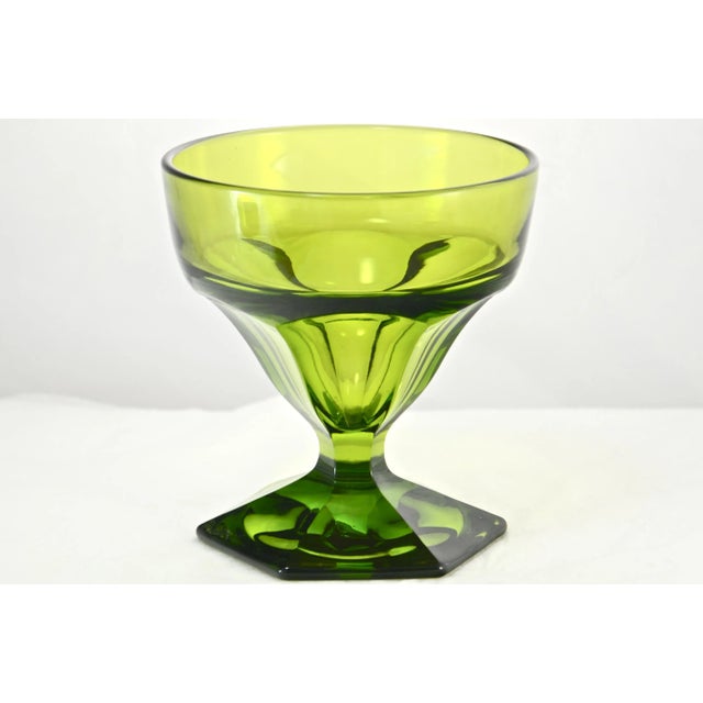 Midcentury grassy spring green vintage glass centerpiece bowl or vase with hexagonal pedestal. No maker's mark. Light wear.