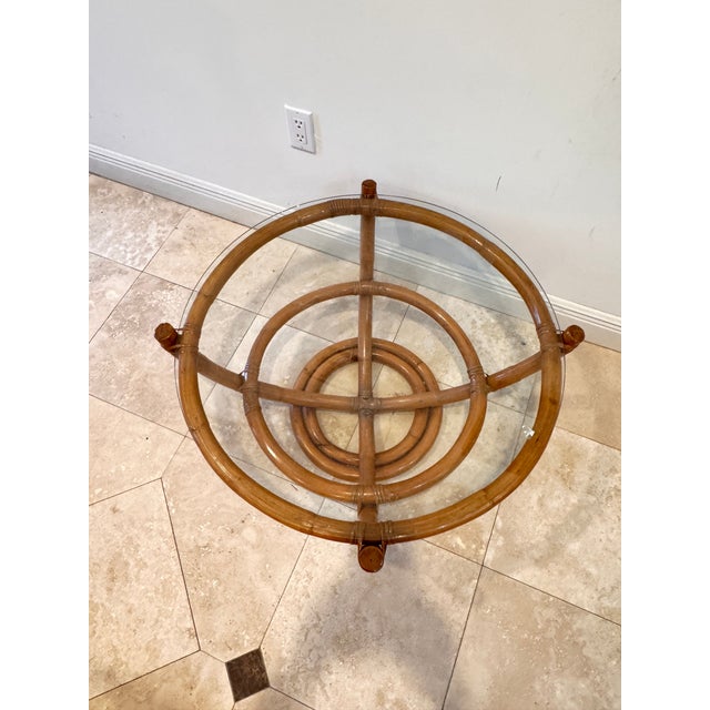 Vintage Sculptural Palm Beach Style Rattan Coffee Table With Round Glass Top, C. 1970s For Sale - Image 4 of 9