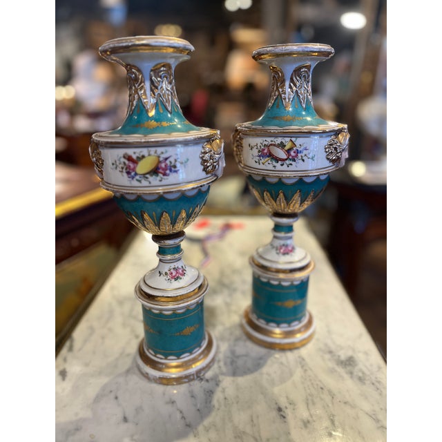 19th Century Pair Paris Porcelain Pedestal Vases. Beautiful pair of Vases purchased in France. Age appropriate wear, see...