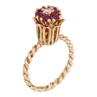 Ruby Diamond Tulip Ring Sz 6 Vintage 10k Yellow Gold Stacking Band Jewelry For Sale