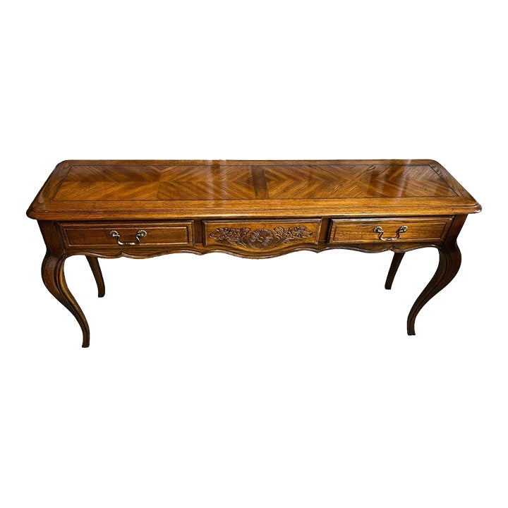 1990s Vintage Hammary Furniture Parquet Queen Anne Oak Console Table