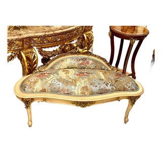 French Rococo Sky Blue Settee – Gold Leaf Frame, Ornate Cherub Top, Damask Upholstery For Sale