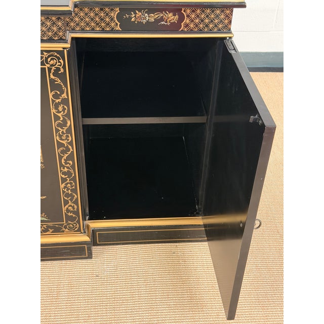Black Black Lacquer Hand Painted Chinoiserie Credenza From Drexel Heritage For Sale - Image 8 of 12