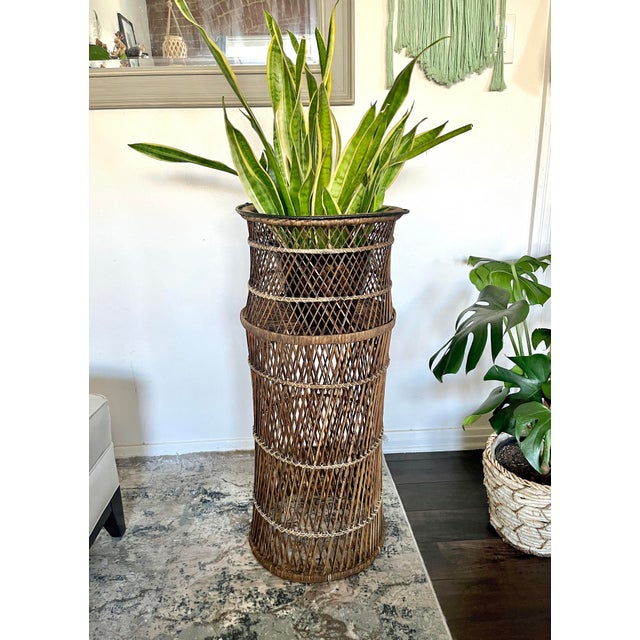 Vintage Mid Century Modern Wicker Rattan Plant Stand Jardiniere Bohemian Boho Chic For Sale - Image 12 of 12