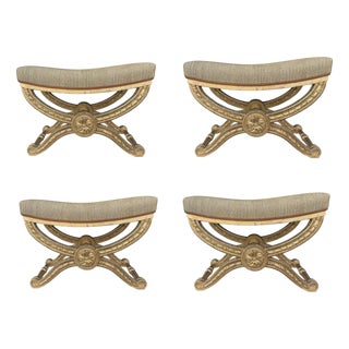Vintage Giltwood Pliant Stools with Beige-Gold Upholstery, 1990s, Set of 4 For Sale