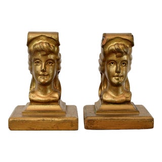 Antique Victorian Lady Face Bust Wood Bookends Pair For Sale