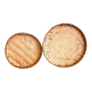 Handwoven Bamboo Round Decorative Trays, Set of 2 For Sale