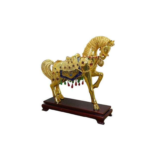 Vintage Chinese gold plated jeweled / rhinestone filigree Tang style horse sculpture / statue. Dimensions: 10.25" x 3.25"...