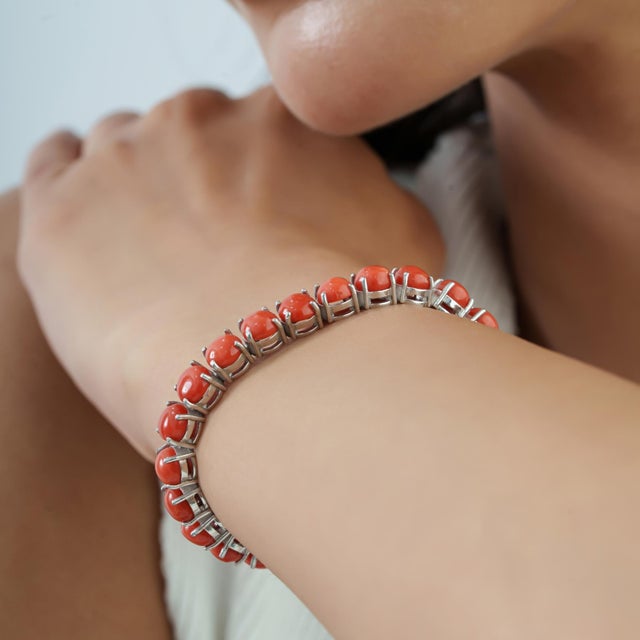 Carat&Her Vibrant 25.7 Ct Round Scarlet Coral Tennis Bracelet in 925 Sterling Silver For Sale - Image 9 of 13