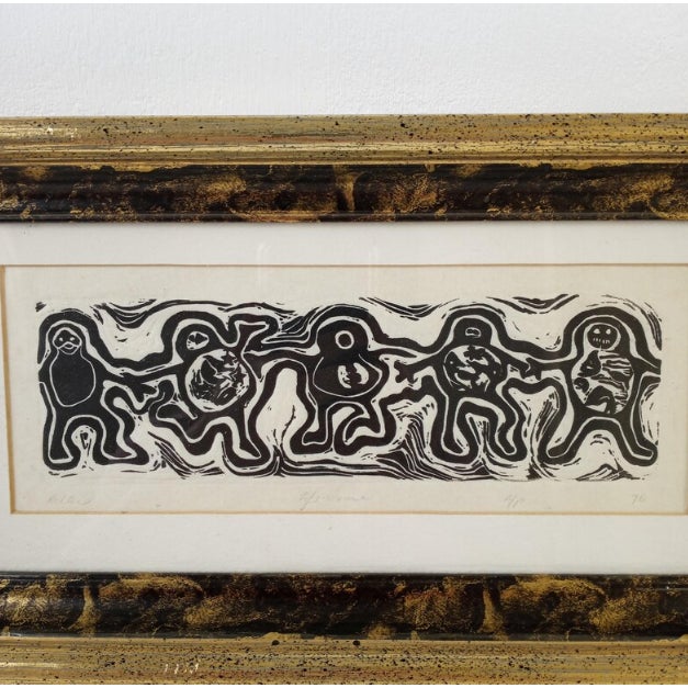 This hand-pulled woodcut, titled "Life Dance," is a signed Artist's Proof (A/P) by Theodore L. Reller Jr., dated 1976. The...