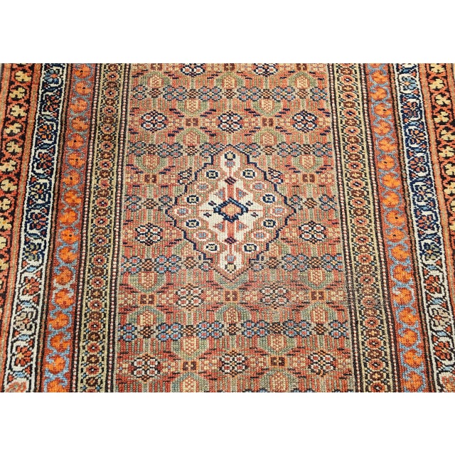Antique Persian Serab Camel Hair Runner Rug, Hand-Knotted Wool, Geometric Pattern, Red & Green, 3x13 For Sale - Image 16 of 17