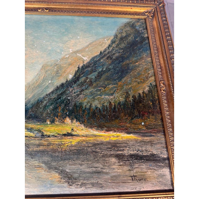 1940s Mountain Lake at Sunset Oil Painting, Signed j.c. Thorn, Circa 1940, Gilt Frame For Sale - Image 5 of 5