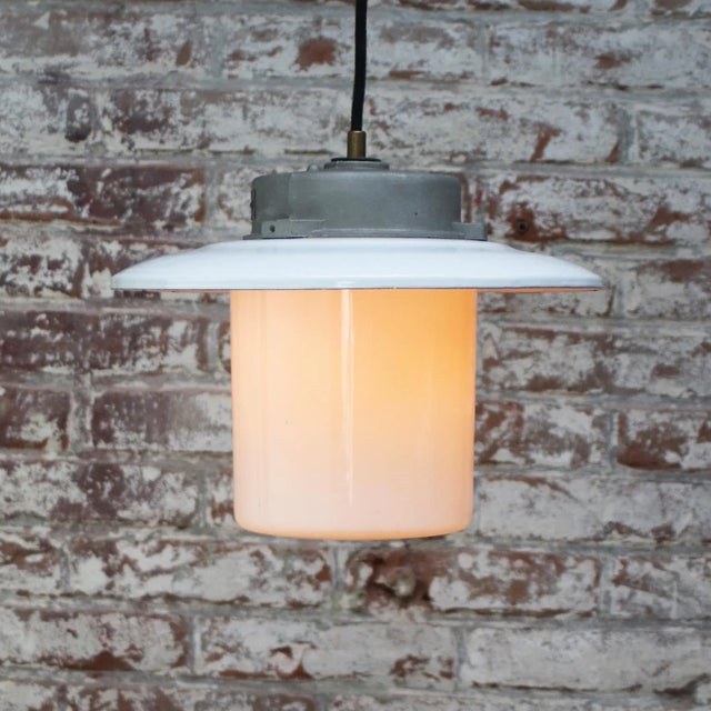 Vintage White Enamel & Opaline Glass Pendant Lamp For Sale - Image 6 of 8