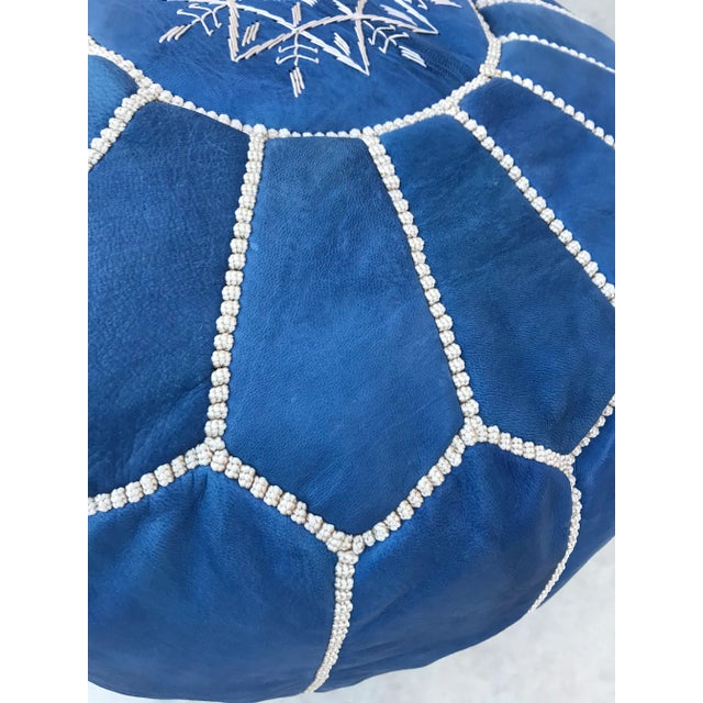 Blue Moroccan Leather Pouf Cover For Sale - Image 6 of 9