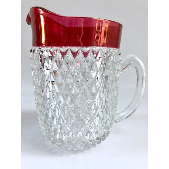 Midcentury Vintage Indiana Glass Pink Cranberry Diamond Point Pitcher and Glasses - Set of 7 For Sale - Image 11 of 13