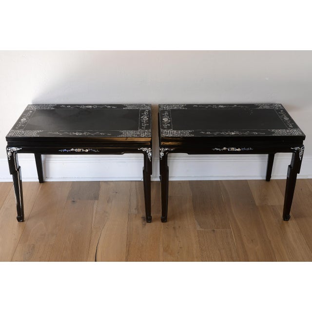 Vintage 1960s Vietnamese Black Lacquer & Mother of Pearl Side Tables - A Pair For Sale - Image 17 of 17