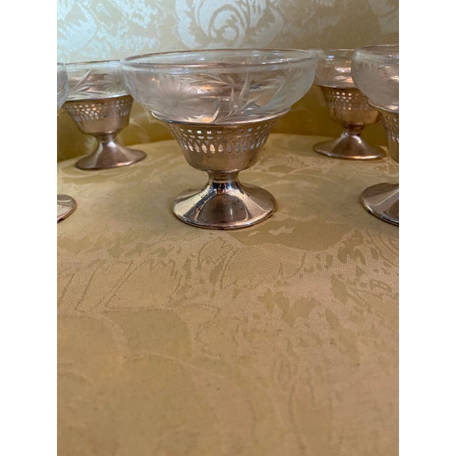 Set of Six Sterling Silver Footed Desert Cups with a Wonderful Cut Etched Glass with Flowers and Vine .