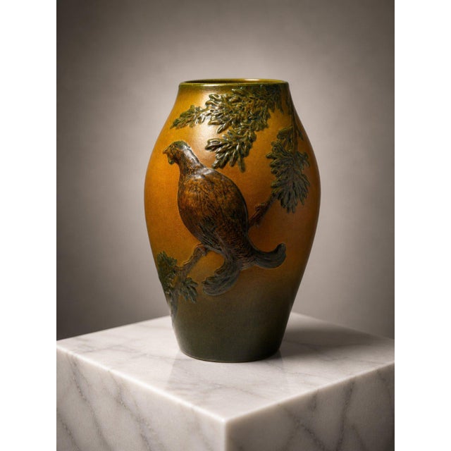 1920s Danish Art Nouveau Stoneware Vase with Bird and Oak Branch Relief from Ipsen, 1920s For Sale - Image 5 of 9