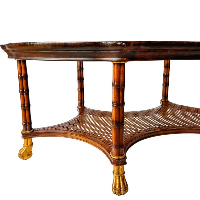 Vintage Large English Regency Style Faux-Bamboo Coffee Table With Caned Tier & Gilt Lion Paw Feet For Sale - Image 13 of 13