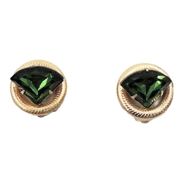 Vintage 1950s Signed Napier Faux-Emerald Clip Earrings - 2 Pieces For Sale