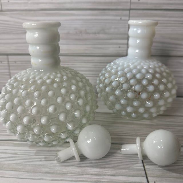 Glass 1930s Fenton Hobnail Opalescent Wrisley Cologne Bottles With Stoppers-a Pair For Sale - Image 7 of 8
