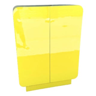 Postmodern Yellow Gloss Laminate Waterfall Cabinet With Gold Accents For Sale