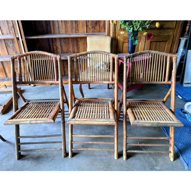 Brown Vintage Scorched Bamboo and Rattan Folding Chairs, Set of 5 For Sale - Image 8 of 12