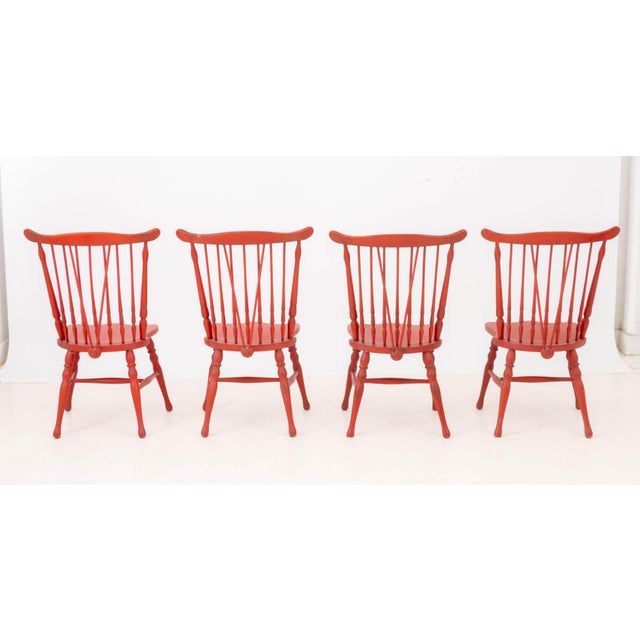 Windsor Style Red Painted Dining Chairs, 4 For Sale - Image 4 of 9