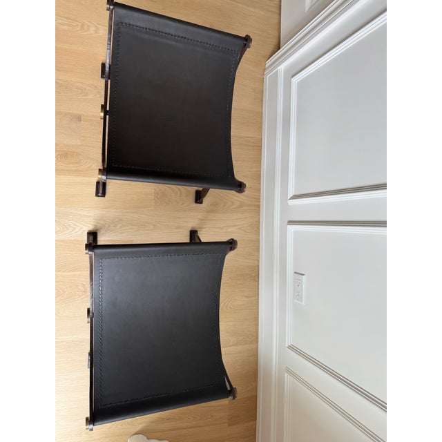 Black Pair of French Empire Style Hand-Wrought Iron, Brass & Black Saddle Leather Curule Stools For Sale - Image 8 of 10