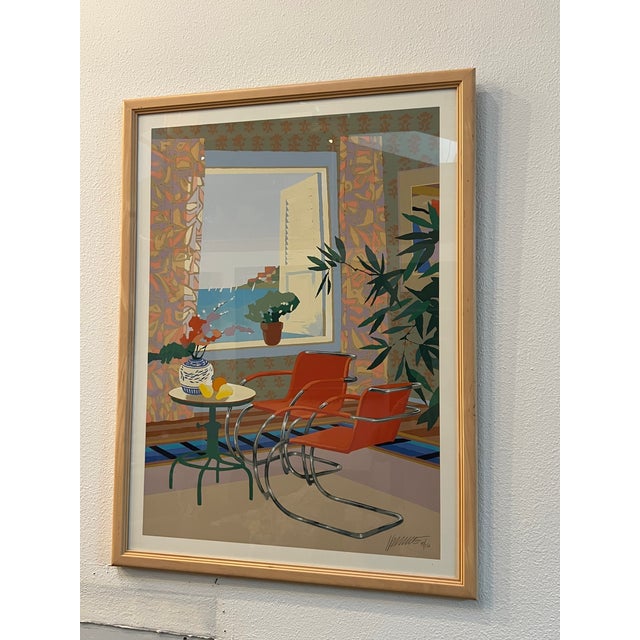 Max Hayslette Signed Vintage Serigraph “Interior With Mies” – Modernist Interior With Mies Chairs & Ocean View For Sale - Image 4 of 9