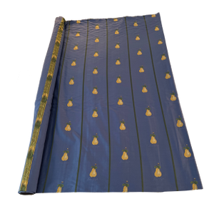 1990s French Upholstery Fabric . Medium Weight. Blue With Embroidered Yellow Pears and Green Stripes