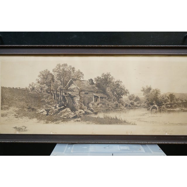 Antique Alfred Hopkins Old Millhouse Water Mill Panoramic Riverscape Etching 25" For Sale - Image 6 of 13
