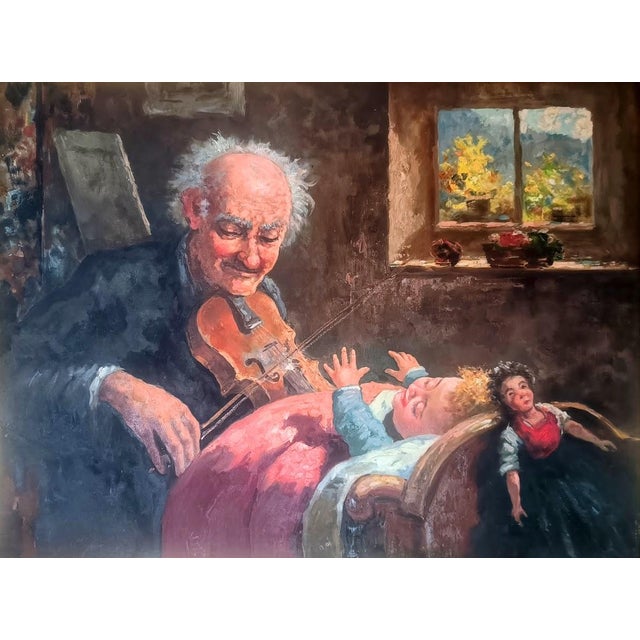 Painting by the master CECCON "The Violinist, the Granddaughter and the Doll" oil on canvas, 1950s ITALY I have official...