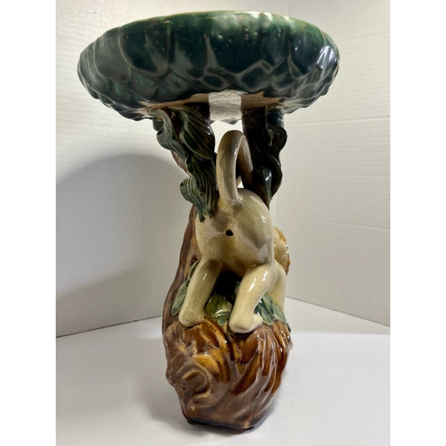 Chinese Mid-Century Modern Italian Chinoiserie Majolica Monkey & Bok Choy Sculpture Compote Centerpiece For Sale - Image 3 of 10