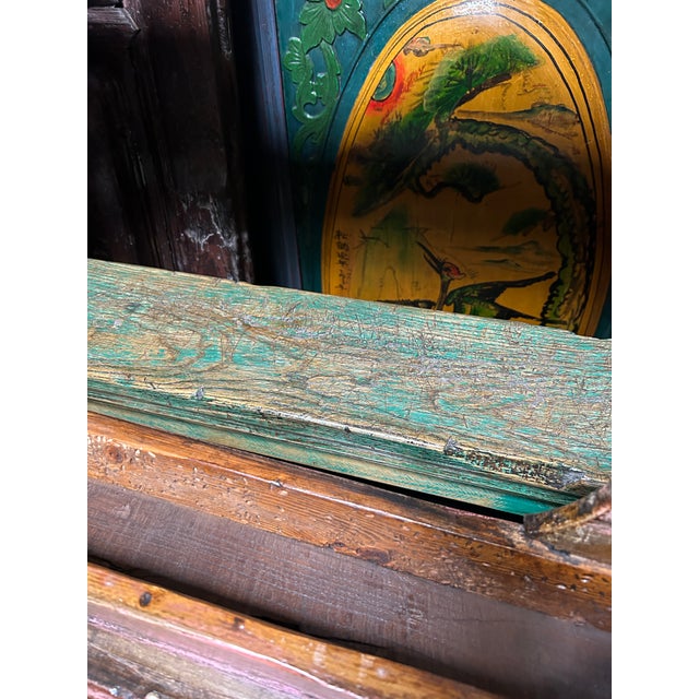 Wood Distressed Brown Green Blue Village Slim Narrow Scroll Apron Wood Bench For Sale - Image 7 of 7