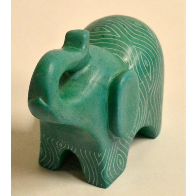 Stone Vintage African Folk Art Carved Soapstone Ocean Green Elephant Figurine Animal For Sale - Image 7 of 13