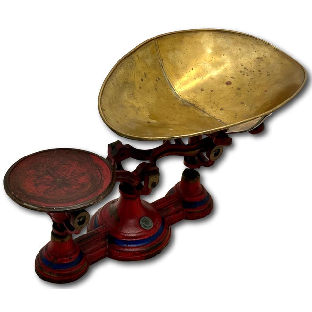 Victorian Nice Antique American Victorian Cast Iron & Brass Small Size Kitchen Scale With Excellent Original Red & Blue Paint For Sale - Image 3 of 18