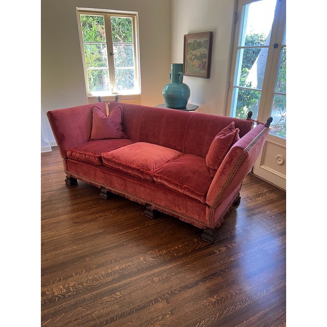 1920s Spanish Revival Tuxedo Couch in Red Velvet For Sale - Image 4 of 12