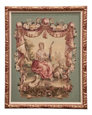 19th Century French Aubusson Tapestry Gouache on Paper in Carved Gilt Frame