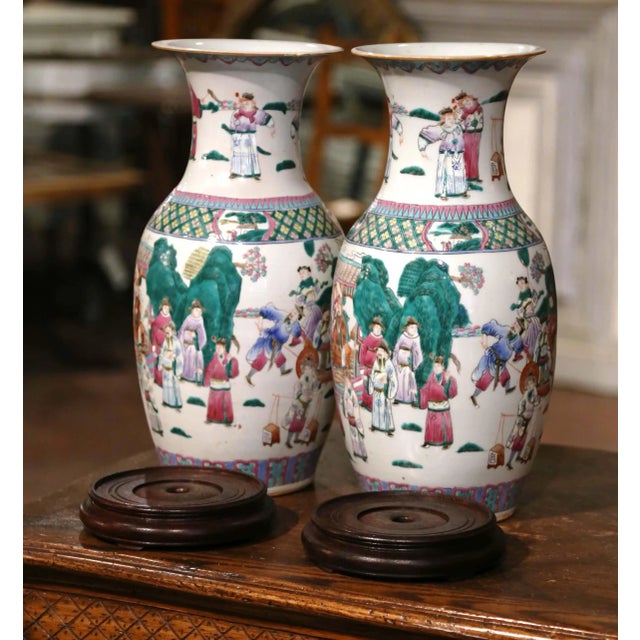 Rose Pair of Mid-Century Chinese Famille Rose Porcelain Vases on Wood Bases For Sale - Image 8 of 12