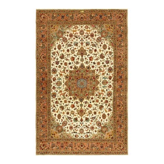 1940s Ivory Medallion Antique Persian Tabriz Rug Silk Highlights 5'11" X 9'6" Handknotted Wool Carpet For Sale