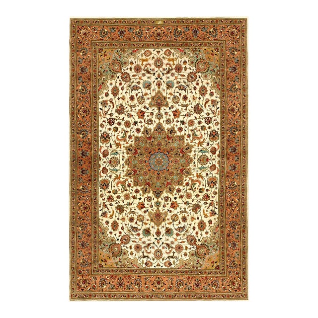 1940s Ivory Medallion Antique Persian Tabriz Rug Silk Highlights 5'11" X 9'6" Handknotted Wool Carpet For Sale