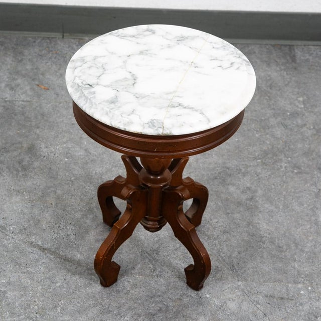 Wood Mid Century Modern End Table Side Round Stone Pedestal Mahogany Marble Vintage Nm For Sale - Image 7 of 11