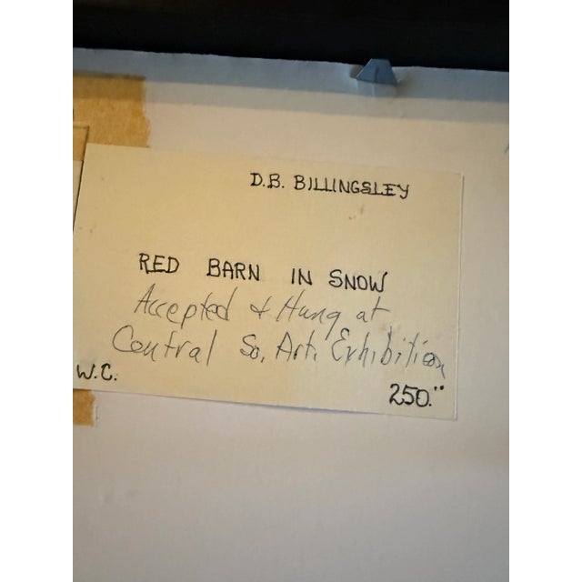 American Original Vintage Watercolor Red Barn in Snow by D B Billingsley Framed For Sale - Image 3 of 4