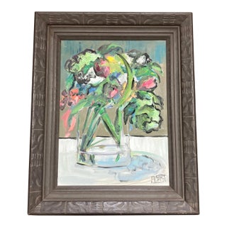 Contemporary Original Abstract Bouquet Still Life Painting on Canvas Vintage Frame For Sale