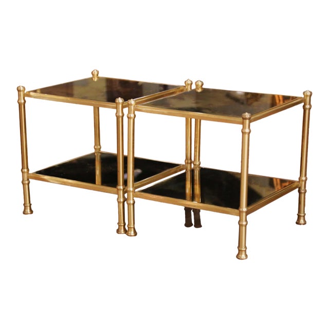 Pair of Mid-Century French Gilt Metal and Smoked Glass Two-Tier Side Tables For Sale