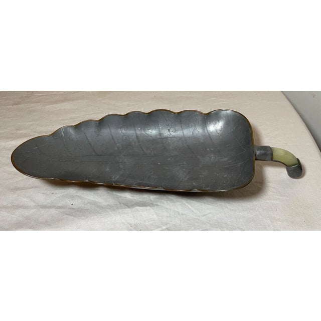 1940s Antique Handmade Chinese Tooled Pewter Copper Jade Stone Figural Leaf Tray Dish For Sale - Image 5 of 11