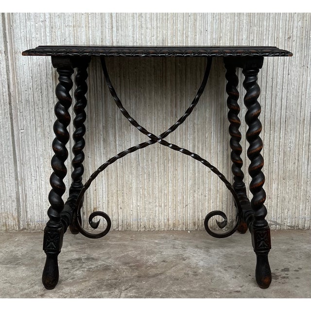 Spanish 19th Spanish Side or Coffee Table With Iron Stretcher and Solomonic Legs For Sale - Image 3 of 13